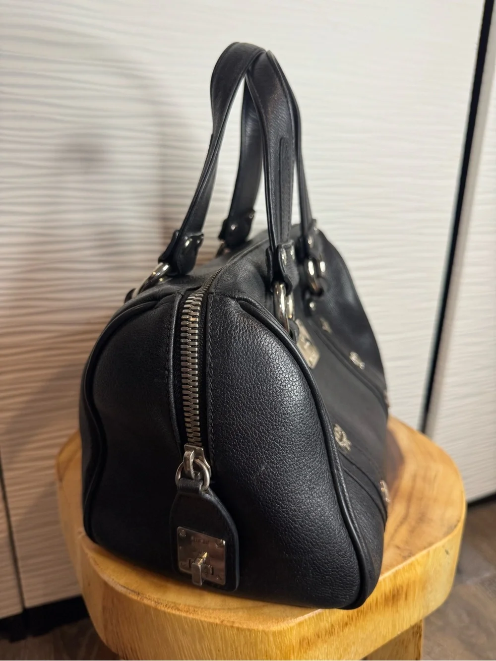 MCM Black Pebbled Leather Double-Handle Satchel with Silver Hardware